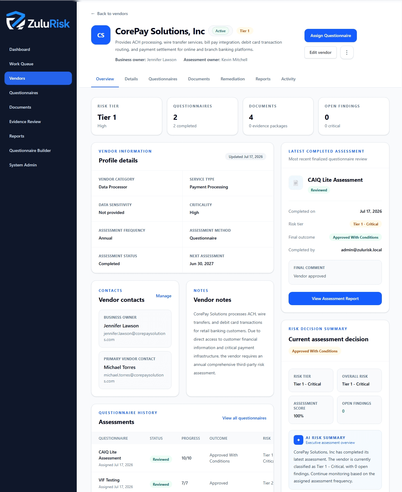 ZuluRisk vendor profile and risk decision summary